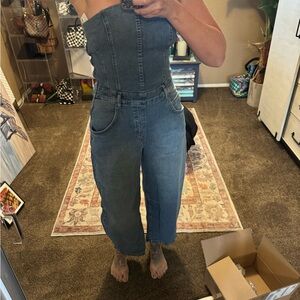 Free People Blue Strapless Denim Overalls
